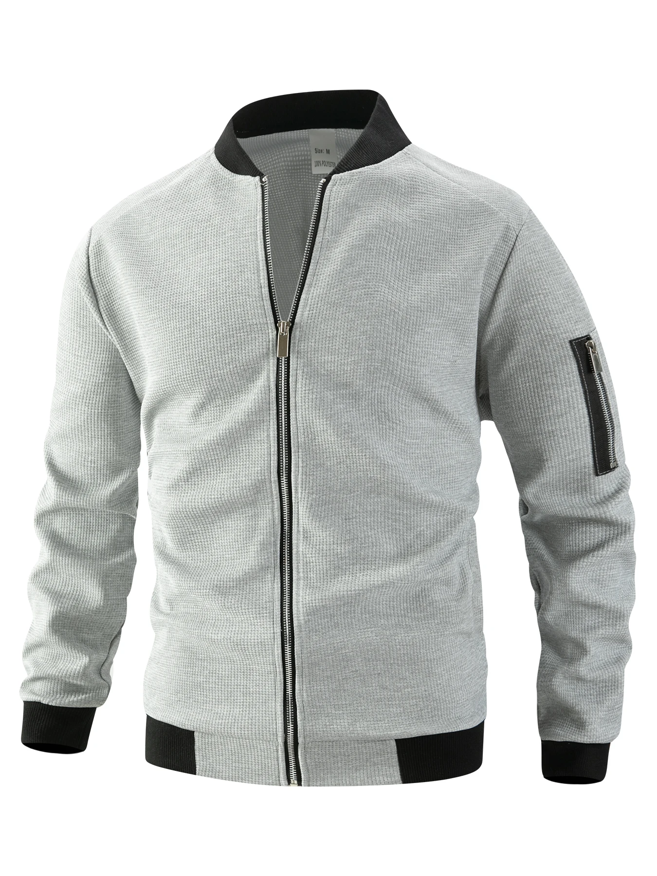 Herrenjacke aus Waffelstrick mit geripptem Baseballkragen, lässige Fliegerjacke mit durchgehendem Reißverschluss, mit Reißverschlussmanschetten und Taschen, lässiger Stil. – Detail 6