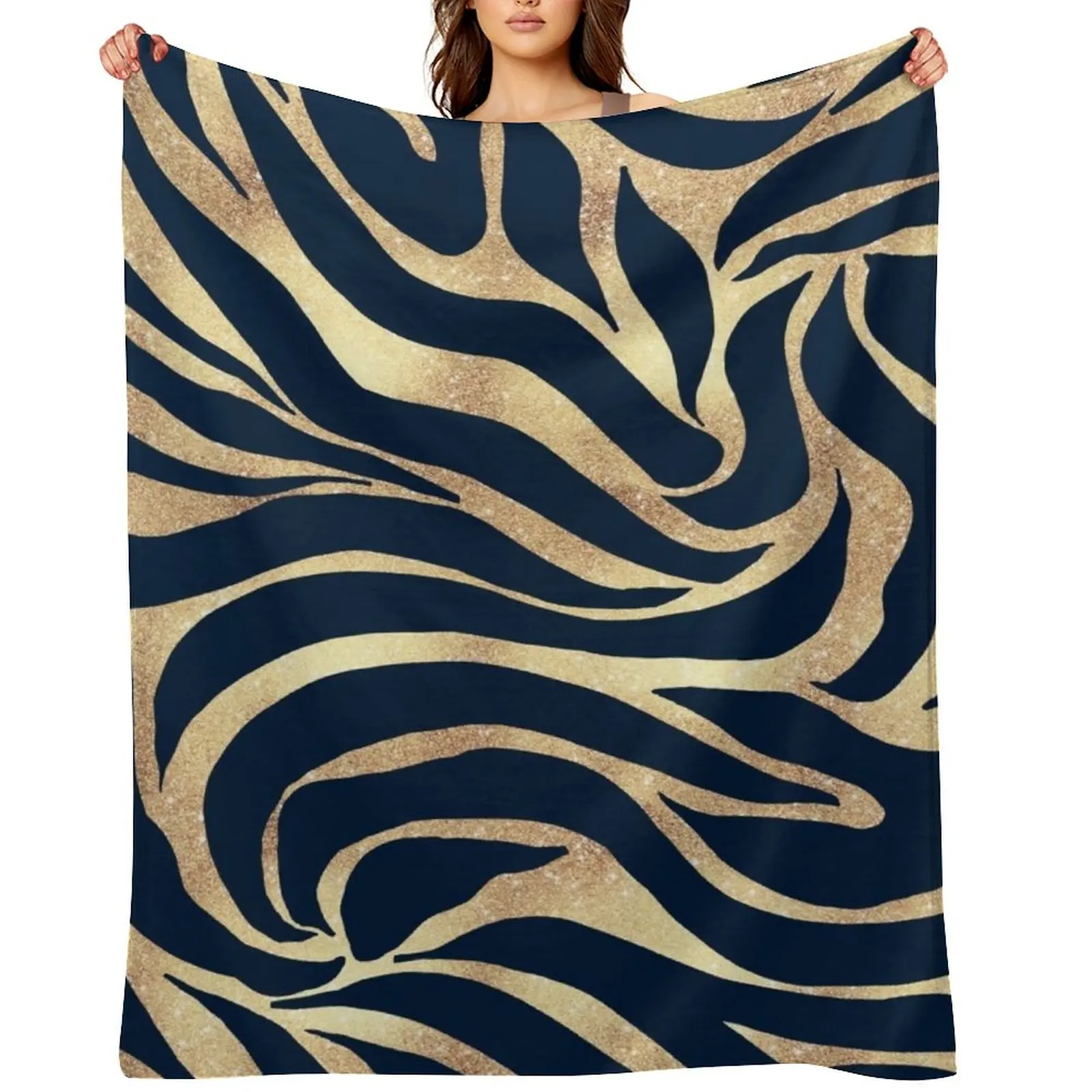 

Elegant Navy Blue Gold Zebra Print Throw Blanket halloween Soft Big Soft Plush Plaid Picnic Blankets