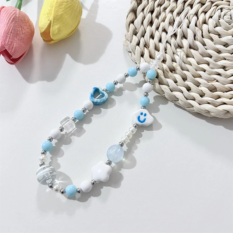 Korean Love Heart Clouds Phone Chain Cute Sweet Beaded Phone Lanyard Keychain Wristband Mobile Phone Rope Earphone Case Charm