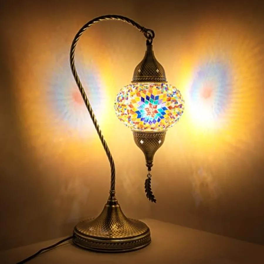 

Turkish Moroccan Mosaic Table Lamp - 19" Tiffany Style Bedside Light with Bronze Base, 3 Color Options LED, Handmade Boho Accen