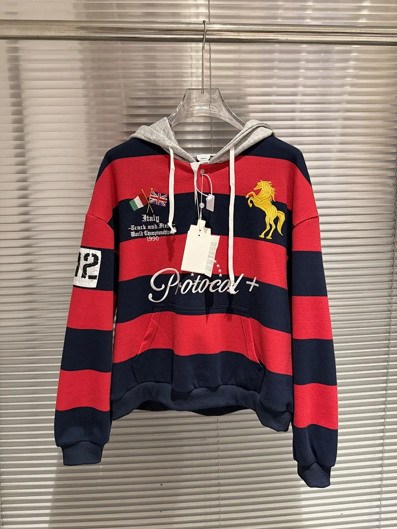 Fashion Brand Streetwear Vintage Striped Hoodie Horse Embroidery Patchwork Button-Up Hooded Sweatshirt for Men Women
