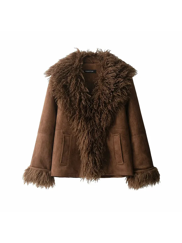 

Women 2025 Autumn Winter New Solid Faux Fur Jackets Women Fashion Lapel Plush Coat Slim Elegant Patchwork Brown Short Coats