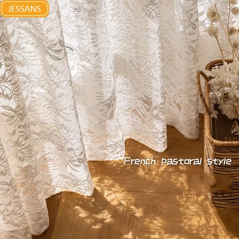 French Romantic Embroidered Lace Curtains White Gauze Curtains for Living Room Bedroom Floor Window Floating Window Customised