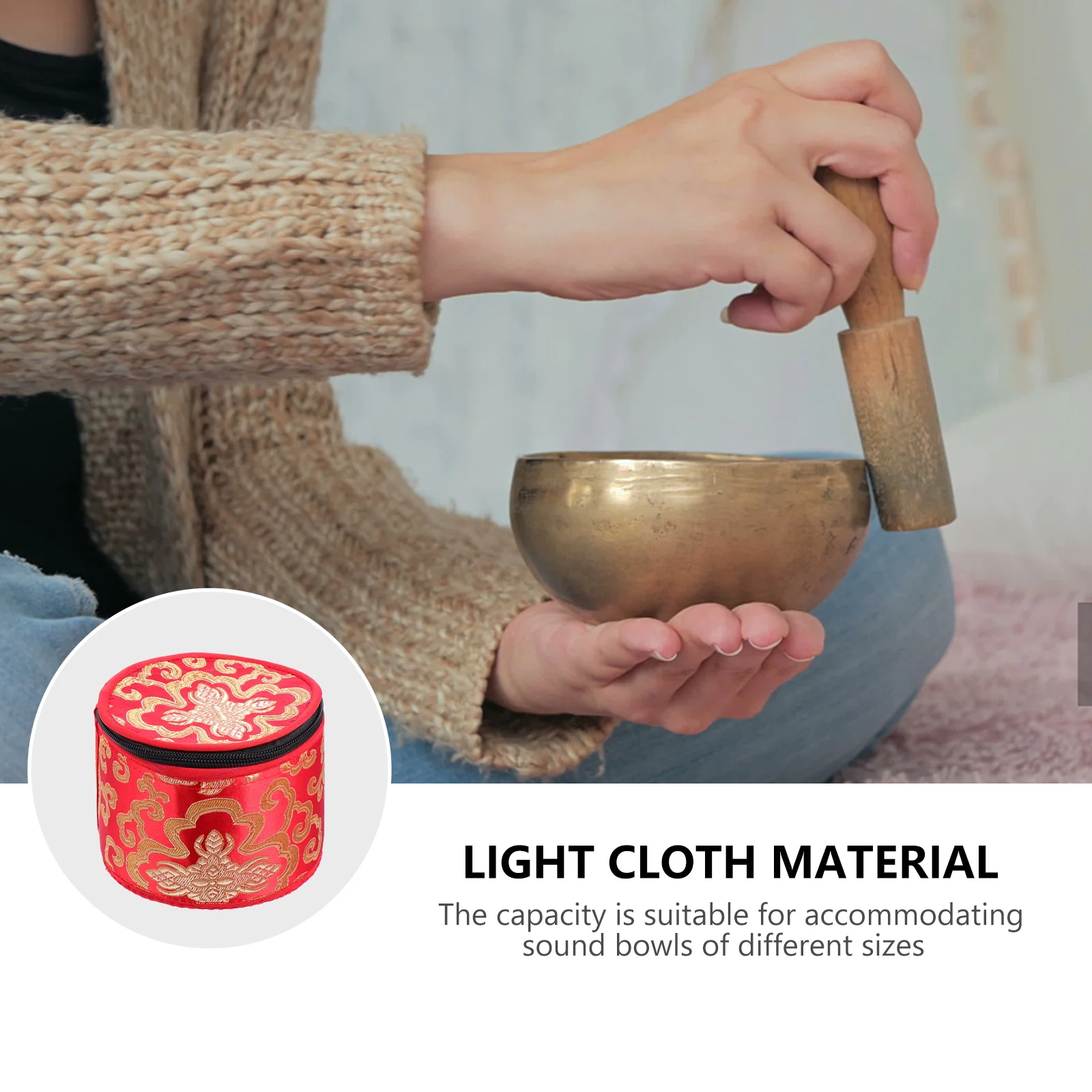 

Handmade Chinese Auspicious Cloud Pattern Embroidery Singing Case With Zipper Premium Cloth Material Meditation Bowl