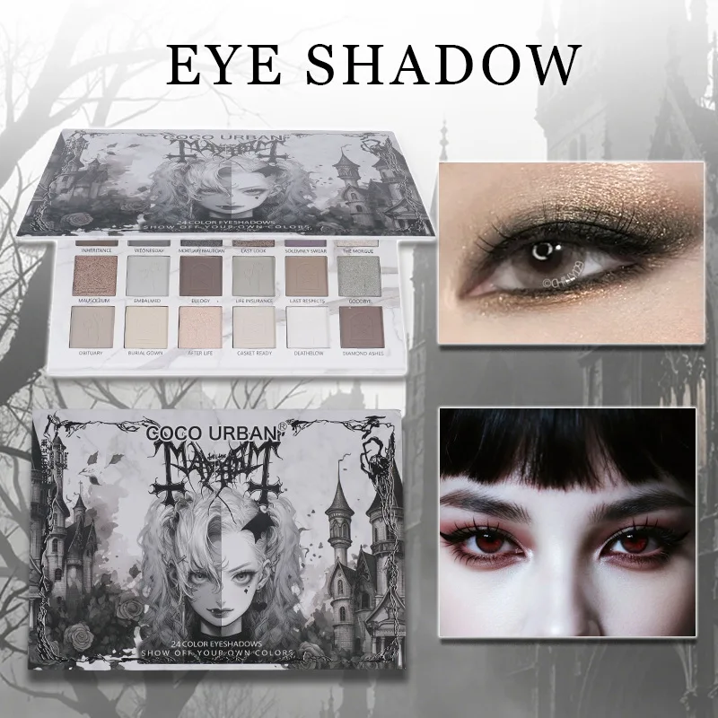 24 Color Day of the Dead Sugar Skull Eyeshadow Palette Soft Goth Lived In Smoky Makeup Matte Shimmer Cool Tone Halloween Cosplay
