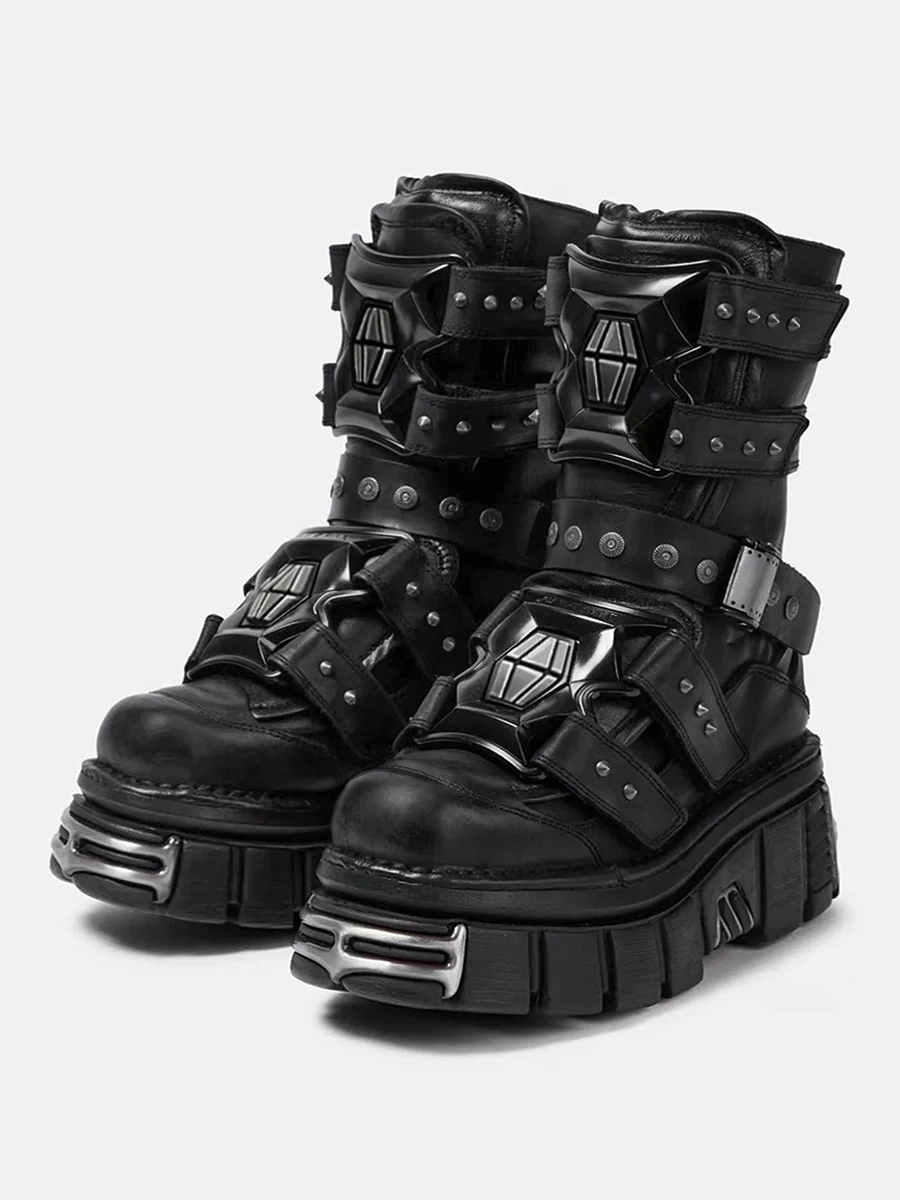 2025 Nowe buty platformowe New Star Same Dark Goth, sznurowane, z metalowymi nitami, do połowy łydki, męskie i damskie, w stylu punk, modne