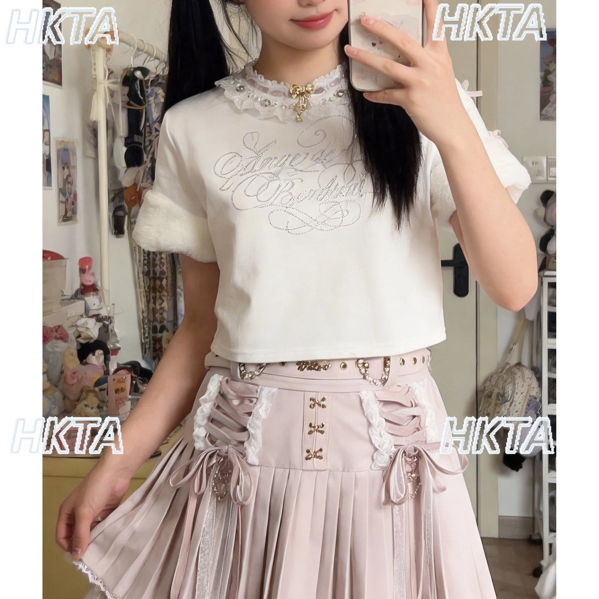 Japanese Sweet Cute Rhinestone Letter Bow Lace Crew Neck Waist Short Sleeve T Shirt Short Top Summer Lolita Black Tshirt Women