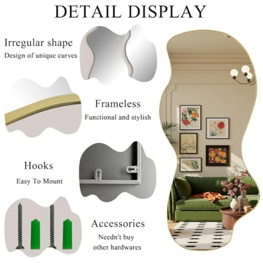 Large Irregular Mirror 63x30 Gold Asymmetrical Frameless Mirror Modern Organic Shape Wall Mirror for Living Room Bedroom Hallwa view 4