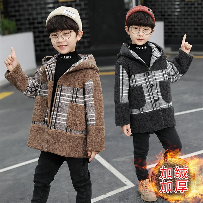 Girls Wool Coat Jacket Outerwear 2022 Hooded Thicken Plus Velvet Winter Autumn Cotton Children\'s Clothing