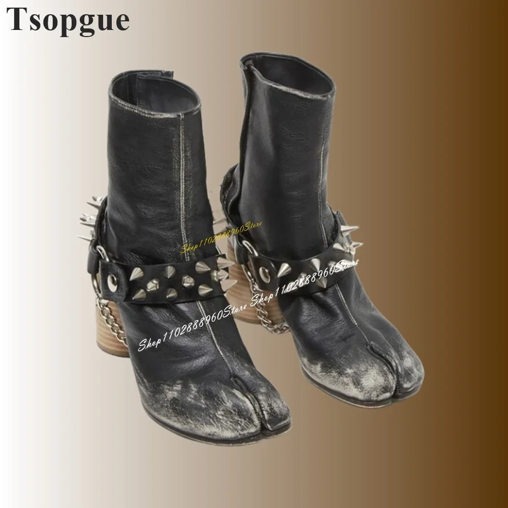 Botines Tabi con correa de cadena de Metal negro Para Mujer, Zapatos de tacón alto grueso con punta abierta, Zapatos de moda Para Mujer 2024