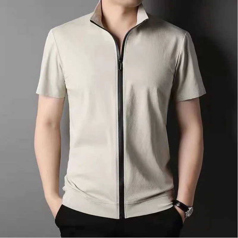 2026 Summer Men's Casual Zipper Short Sleeve Stand Collar Jacket T-Shirt Lightweight Breathable Korean Style Handsome Top