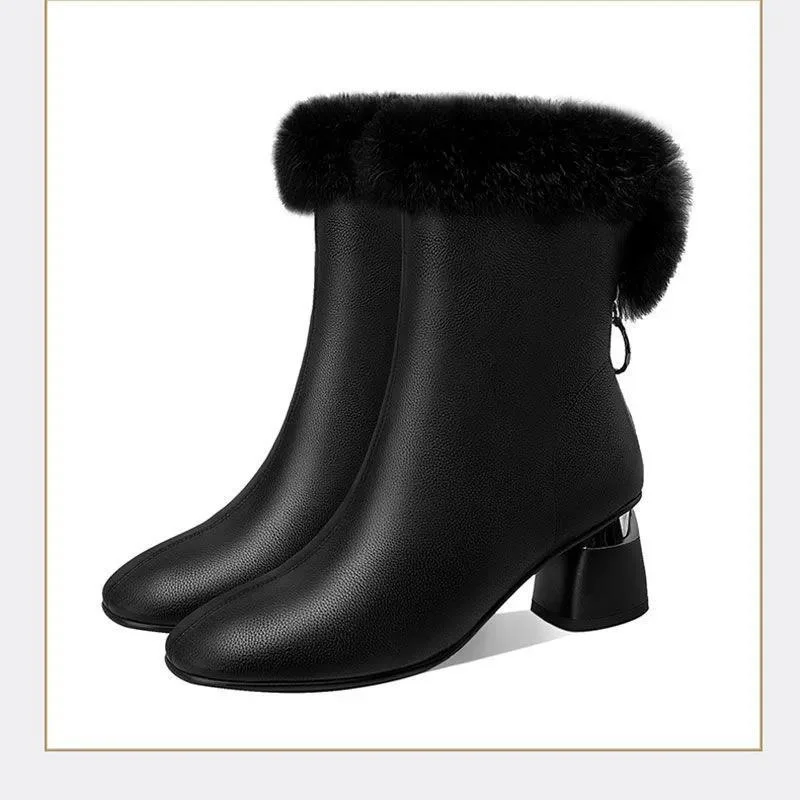 2025 Winter New British Style Ankle Boots for Women | Pointy Toe & Furry Collar | Plush Fleece Lined Leather Fashion Boots