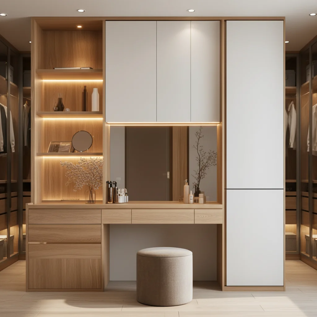 Small Apartment Hotel Bedroom Combination Design Wooden Storage Cabinet Wardrobe with Dressing Table Mirror Unit