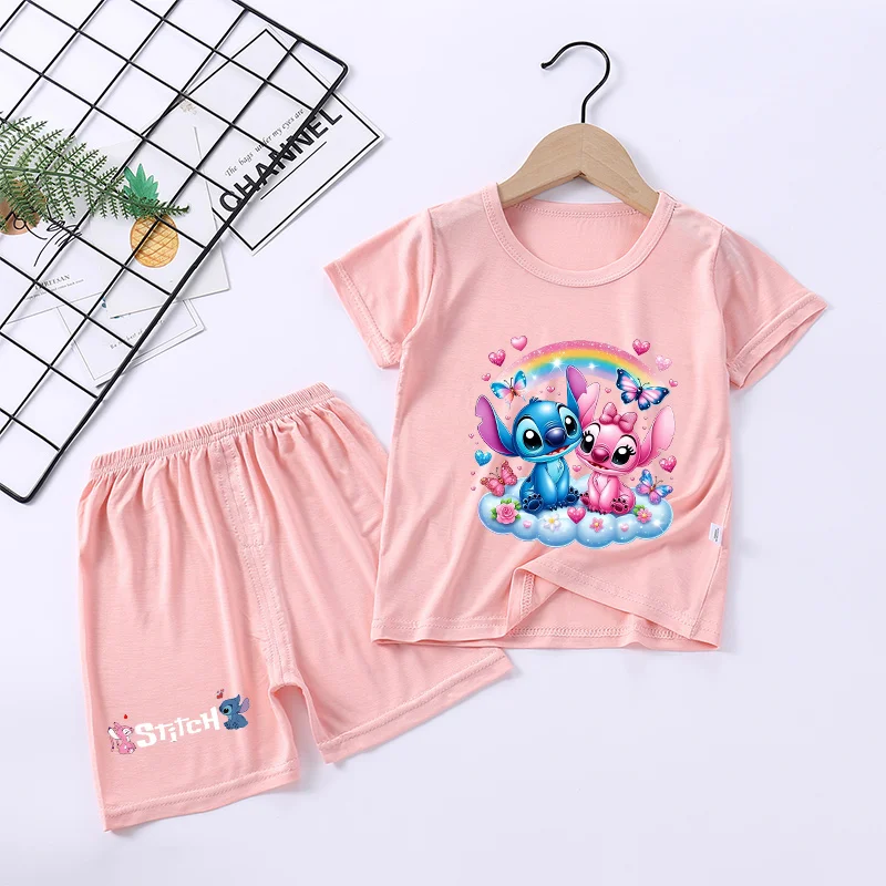 Stitch Disney pijama traje camiseta pantalones cortos conjunto rosa lindo ropa de descanso niñas nueva camiseta pantalones camisón Casual fino cómodo ropa de casa