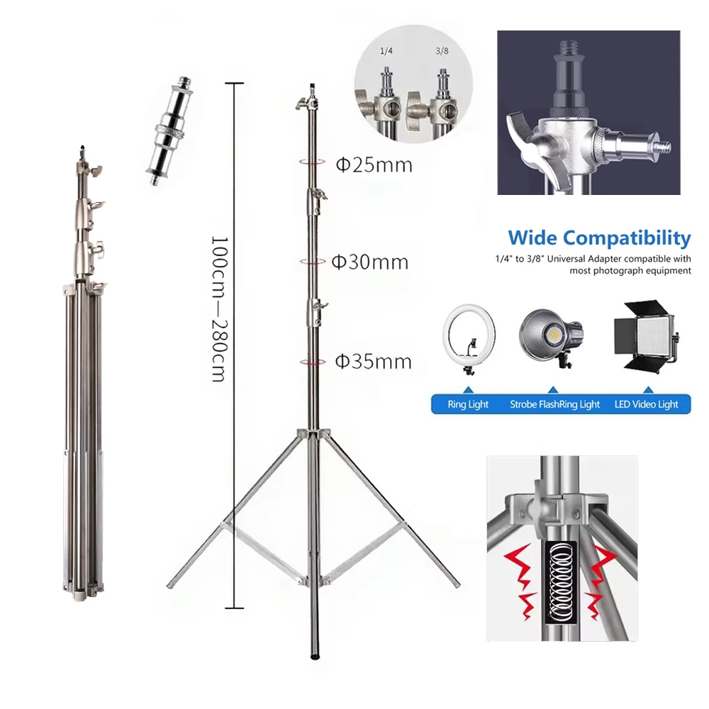 

Stainless Steel Tripod 2.8m Heavy Duty Light Stand With 1/4，3/8 conversion head for Studio Softbox Photographic Equipment