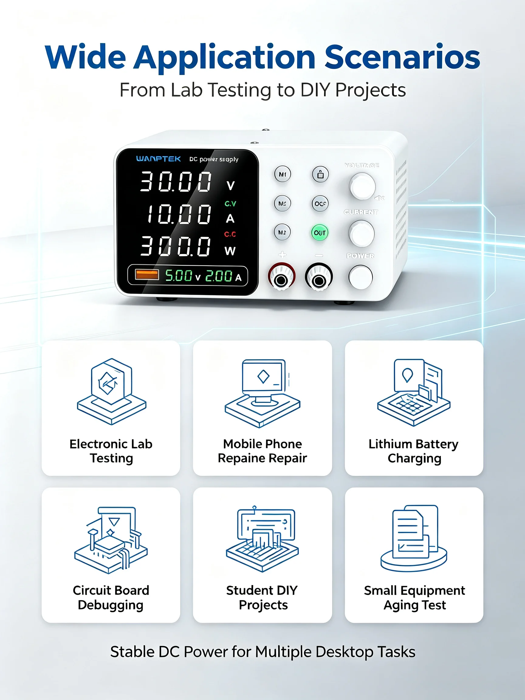 WANPTEK  Adjustable DC Power Supply 30V 10A 300W Lab Bench Switching Power Source 4‑Digit Display OCP Memory For Repair Lab DIY