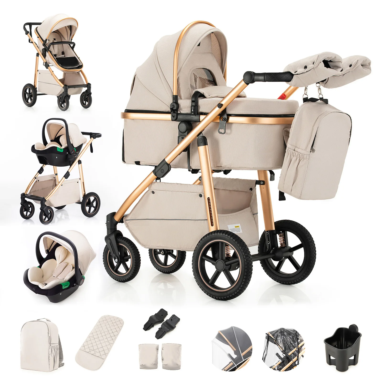 3 in 1 Baby Stroller Fold Pram Carriage Newborn Infant Stroller High Landscape Aluminum Frame Luxurious Portable for Travel Multi-functional Cart Can Sit Reclining easy Folding Strollers