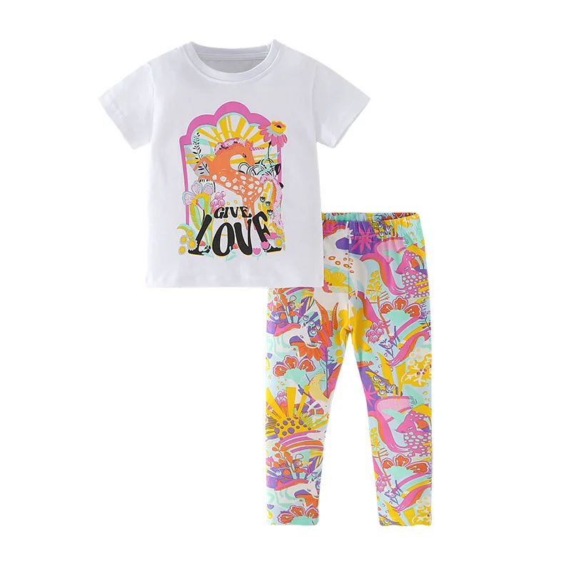 Jumping Meters 2-7T Girls Clothing Sets Kids Suits 2 Pcs Tops + Leggings Baby Clothes Summer Short Sleeve Kids Wear Outfits