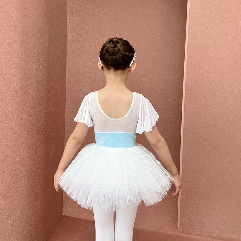 Girls' dance costumes, short sleeved light blue exercise costumes, children's summer physical attire, and girls' ballet dance co