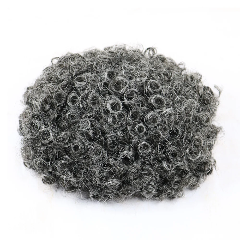 Afro Curly #1b40 Gray Hair Toupee 15mm Indian Remy Human Hair Hairpiece 0.06mm Micro Skin V-loop Hair Replacement For Old Men