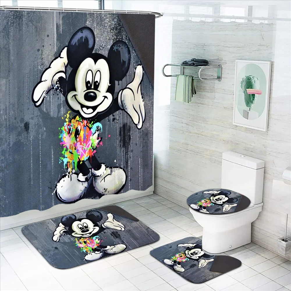 Mickey Mouse Gray Cartoon Anime 4 Piece Mats Bathroom Decorations And Shower Sets Full Set Accessories Curtain Bath & Items