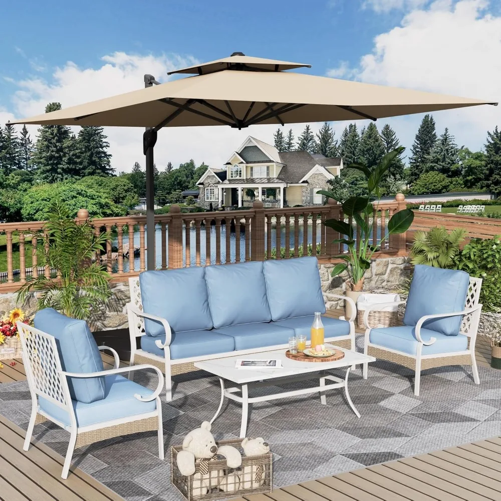

4-Piece Outdoor Patio Set: 2 Fixed Chairs + 3-Seat Sofa with Marbled Coffee Table - All Cushioned 5-Seater Conversation Set​