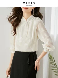 Vimly Chinese Style Jacquard Chiffon Blouses Shirt for Women Spring 2023 Elegant Breathable Stand Collar Apricot Long Sleeve Top