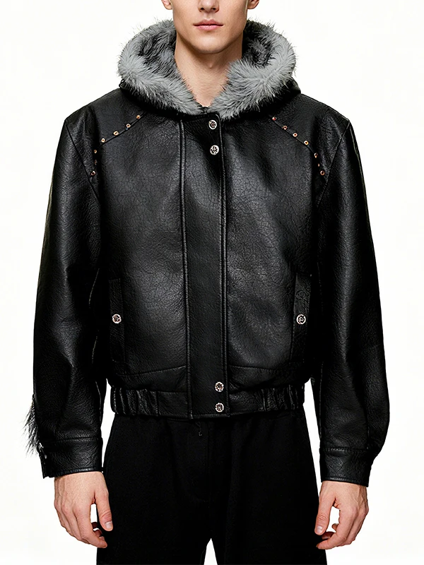 

Retro American Fce Lined Thiened Leather Jaet Hooded Fur Collar Cotton Coat ort Wide Cotton Jaet Outerwear