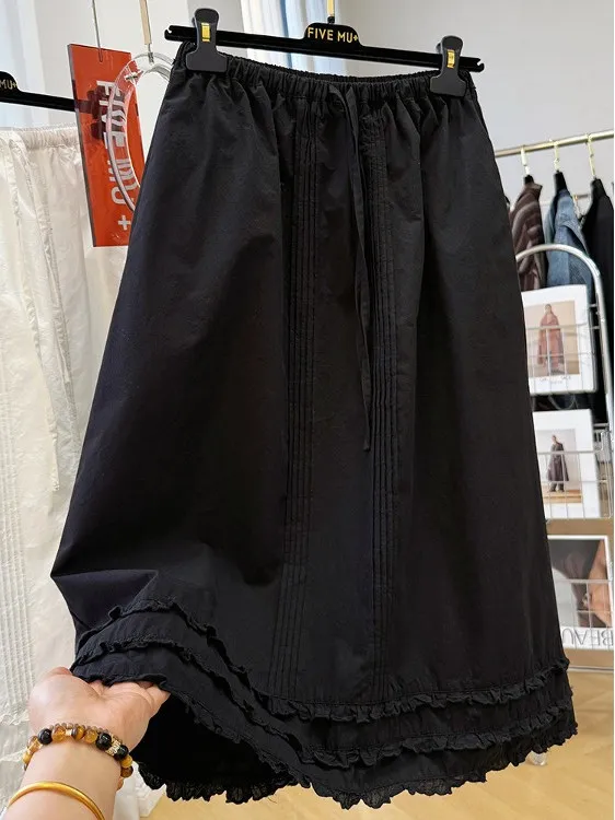 White Ruffle Hem Half Skirt Women's Spring Summer New Elastic Waist Loose Slimming Straight Cut Midi Skirt Korean Style