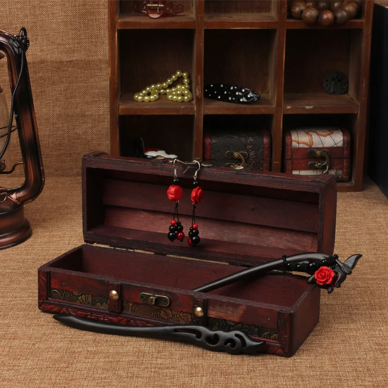 Vintage Suitcase Wooden Treasure Chests Jewelry Storage Box with Lock Desk Earring Necklace Bracelet Rings Hairpin Gift Case New