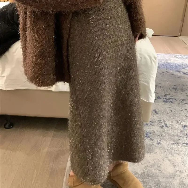 

Новая осенне-зимняя юбка с разрезом, женская мода, блестящие эластичные длинные юбки миди с высокой талией, повседневные эластичные элегантные юбки Jupe