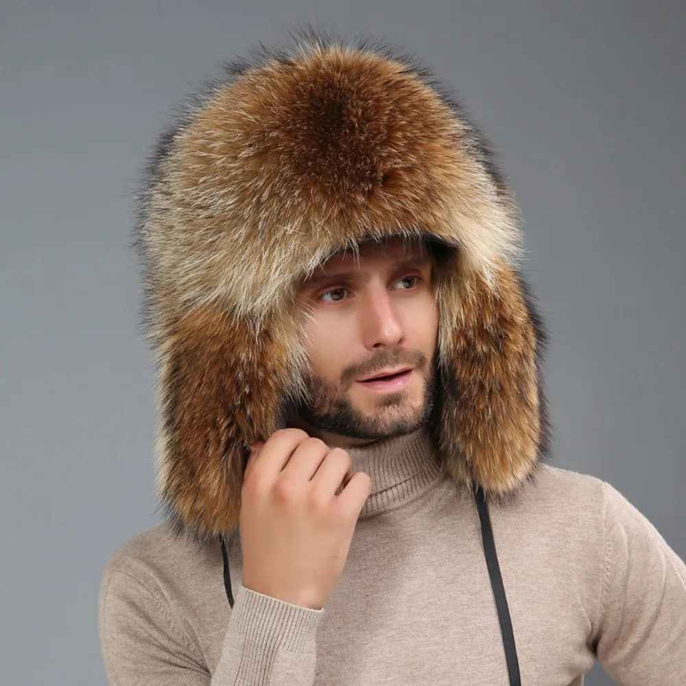 Real Raccoon Fur Hat Men Genuine Fur Ushanka Winter Warm Ear Flap Trapper Cap Natural Fur Russian Hat Snow Ski Bomber Hat