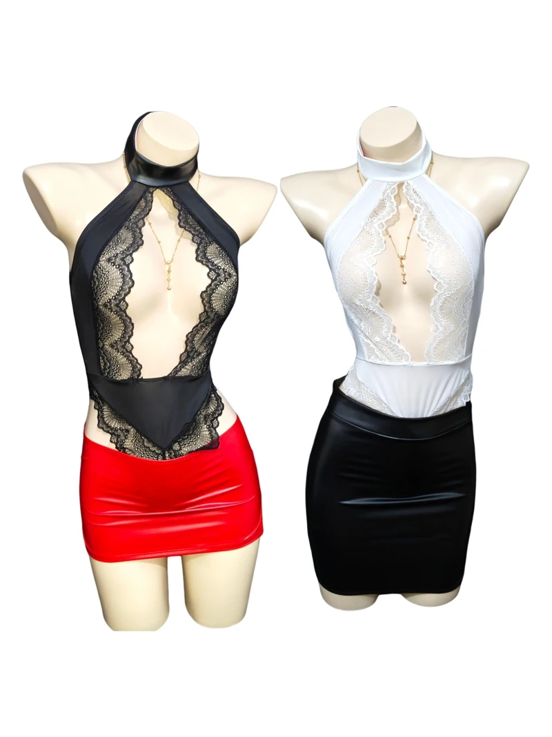 

Сексуальная юбка длиной f, комплект боди, эластичная окрашенная кожа, кружево Me, лоскутное клубное болезненное боди со средней талией, облегающий полиэстер