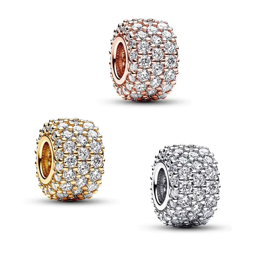 Rose Gold & Gold Plated Sparkling Pavé Triple-Row Charm Bead Fit Original 925 Sterling Silver Bracelet DIY Jewelry Women Gift