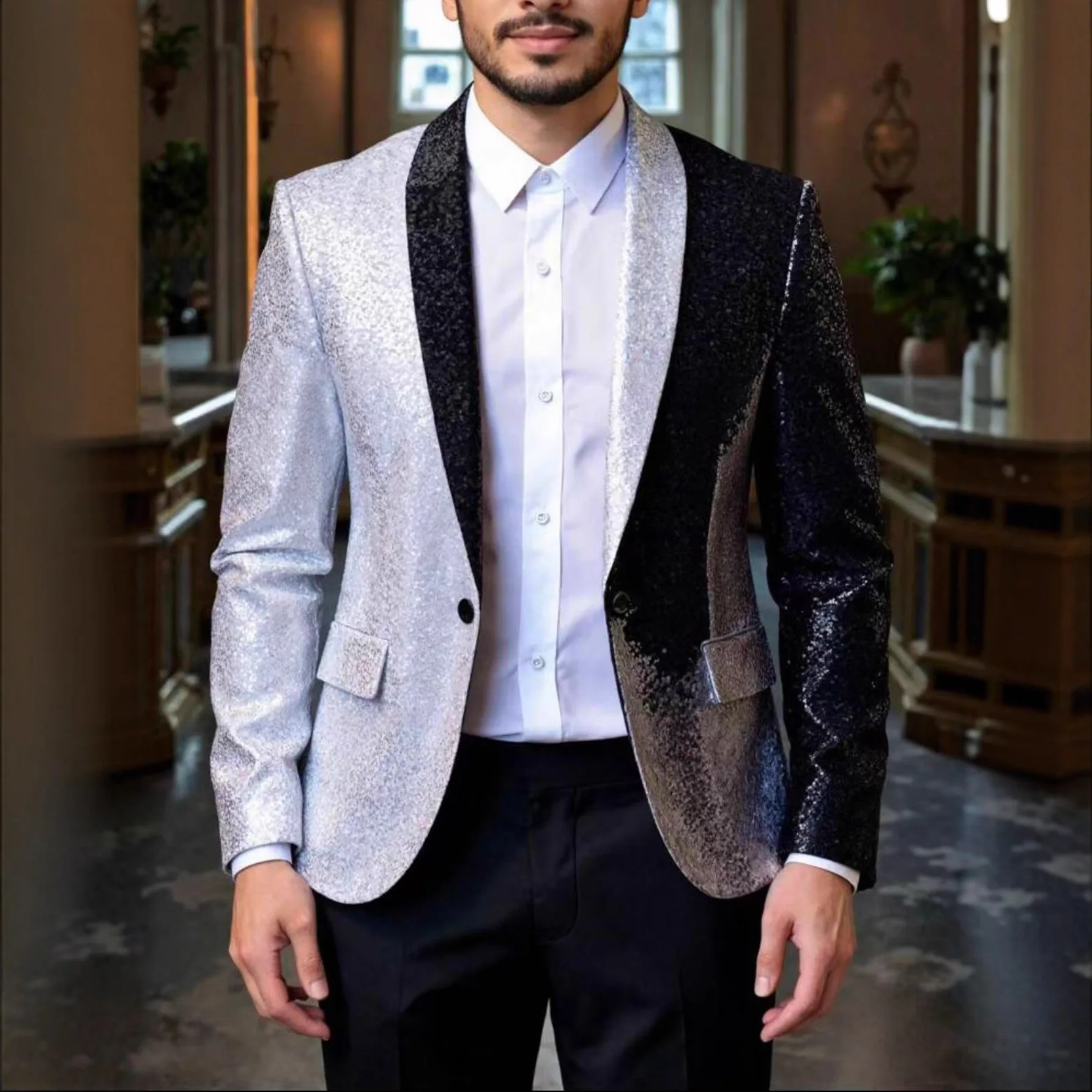Silver Black Sequins Splicing Suit Jackets Men's Shawl Collar Asymmetric Tuxedo Blazer Evening Party Singer Host Coat Costume