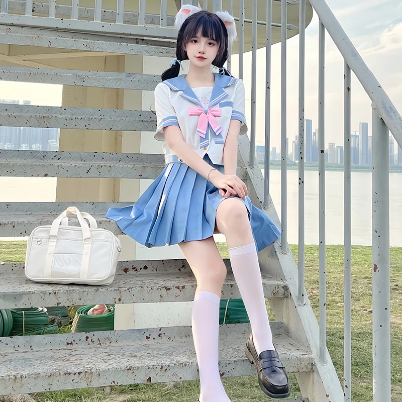 Uniforme JK estilo japonês feminino, top de mangas curtas compridas, terno de saia plissada, combinando cores azul e branco, gola de marinheiro, fofo e doce