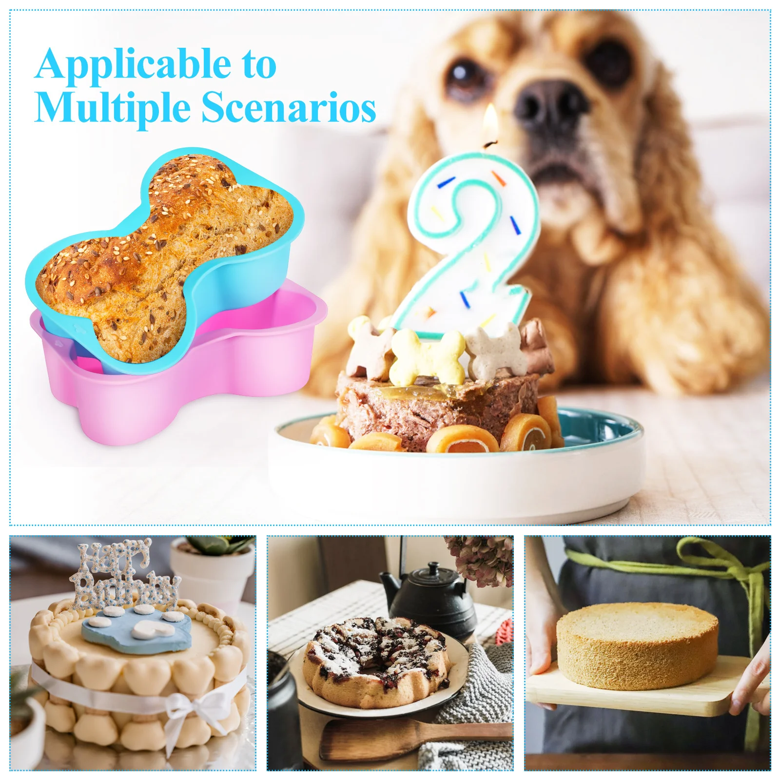 

2 Pcs Dog Bone Shaped Silicone Cake Molds Blue Pink Baking Pan Cupcake Mold Flexible Easy Release Safe High Temp
