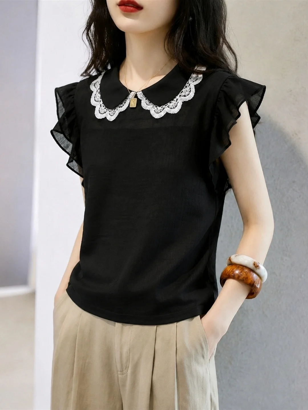 

Fashionable Lace Patchwork Design Commute Top Women's Shirt Korean Style Straight Cut Short Sleeve Ageless Summer New Arrival