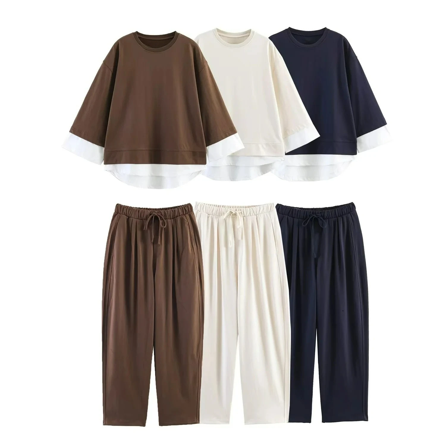 KONDALA Damen Freizeit-Hosen-Set Patchwork T-Shirt Elastische Taille Taschen-Hose Neue Mode 2026 Frühling Sommer Sportliches Urlaubs-Set – Detail 3