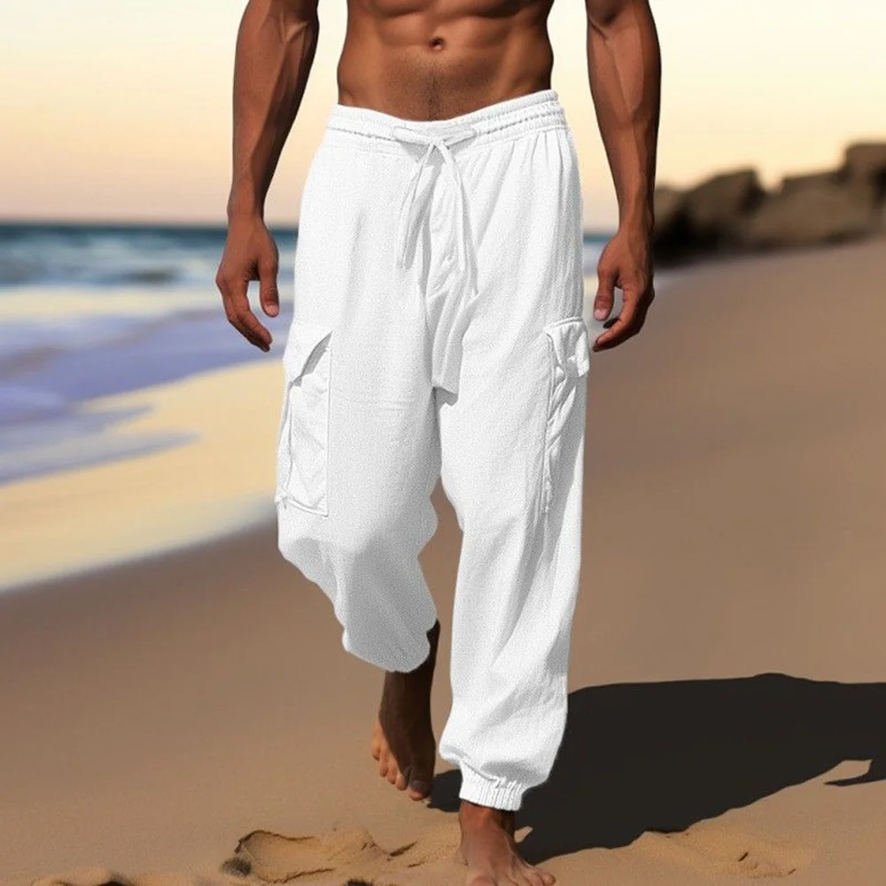 

Mens trousers casual solid color breathable lightweight summer trousers beach seaside exquisite loose travel straight pants 2024