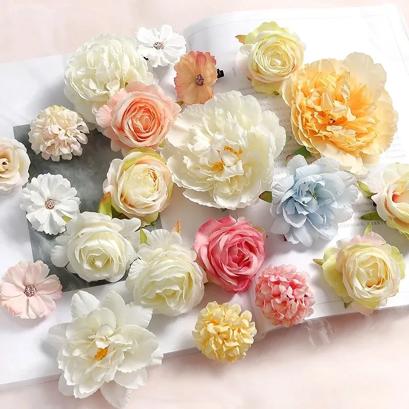 Rose Mixed Artificial Flowers Silk Fake Flowers Heads for Home Decor Wedding Decoration DIY Craft Garland Gifts Box Accessories