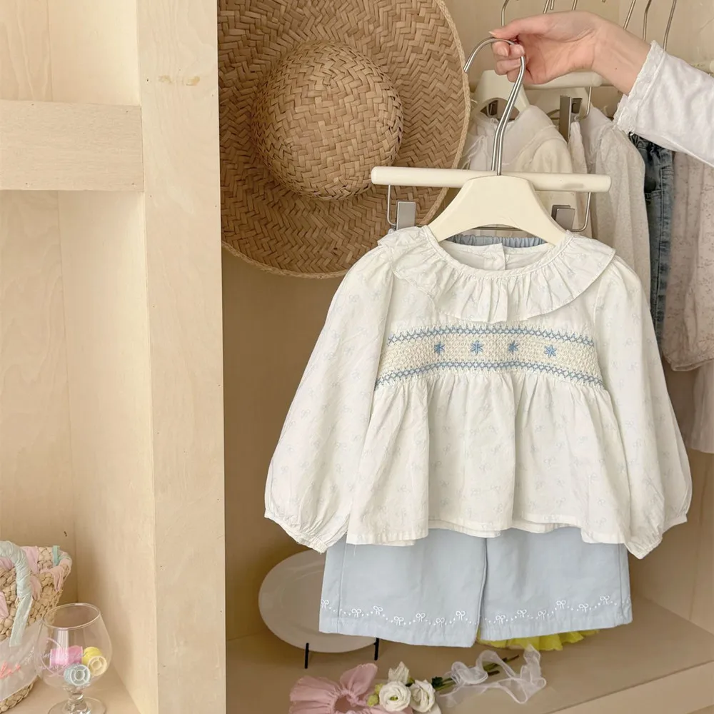 

toddler clothes baby girls clothes Sweet girls' embroidered top kids's casual lace collar long-sleeved blouse