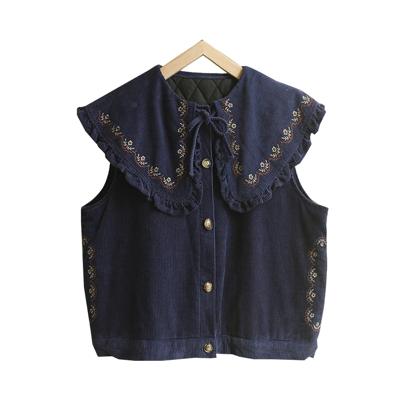 Autumn Winter Sweet Embroidered Corduroy Vest Tops Women Casual Sleeveless Tops WH1007