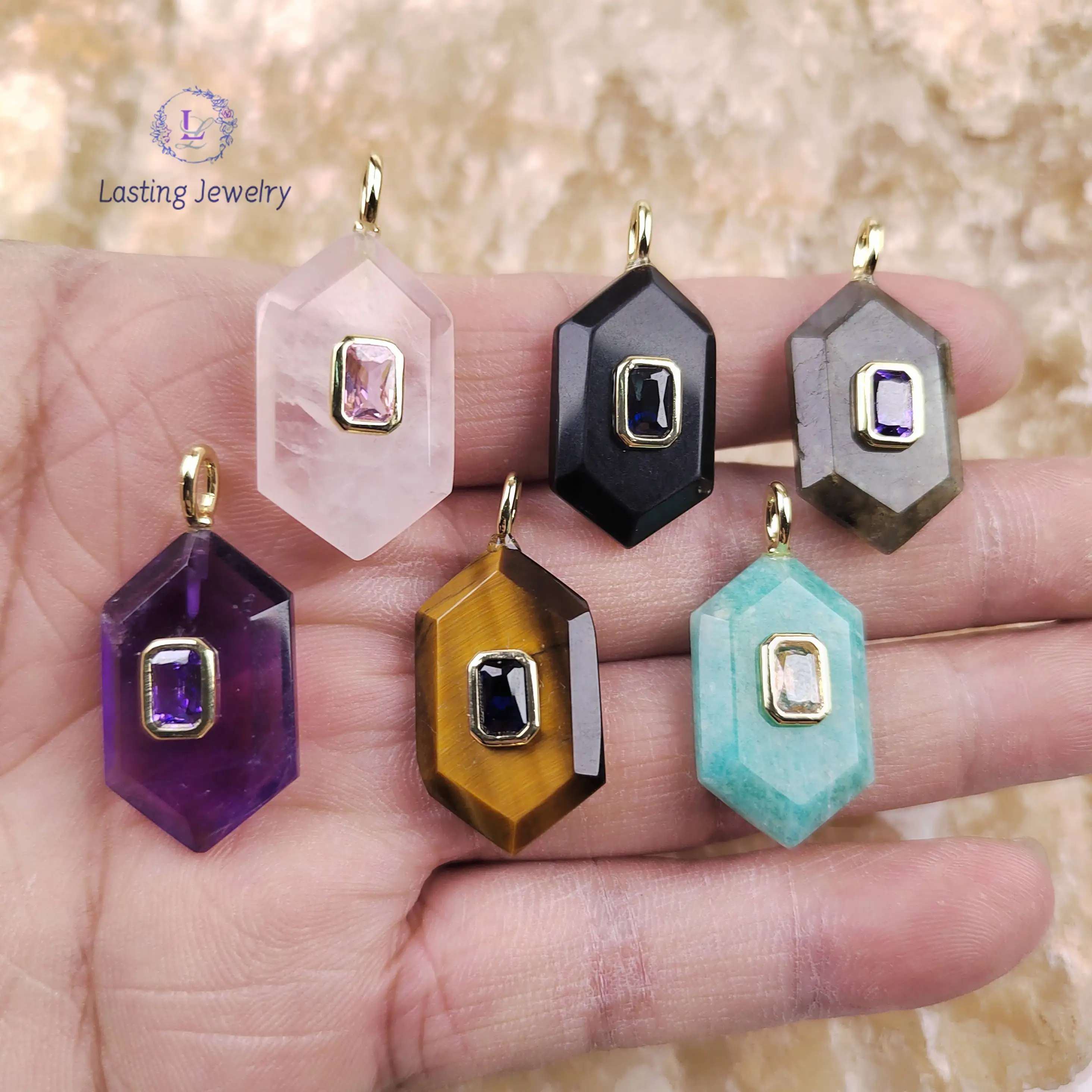

Hexagon Slab Quartz Pendants With Inlaid Colored Zircon Beads Healing Crystal Labradorite Slice Charms Necklace Jewelry Making