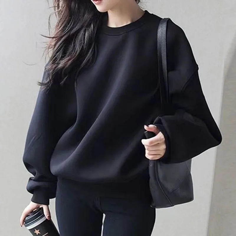 New Autumn and Winter Fashion Trend Round Neck Plush Thickened Loose Versatile Simple Reduced Age Long Sleeve Women\'s Sweater