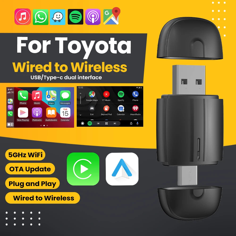 Wireless Android Auto Adapter CarPlay Adapter USB Type-C 2 In 1 For Toyota Aygo Avalon Corolla Hatchback Camry C-HR RAV4 Sienna