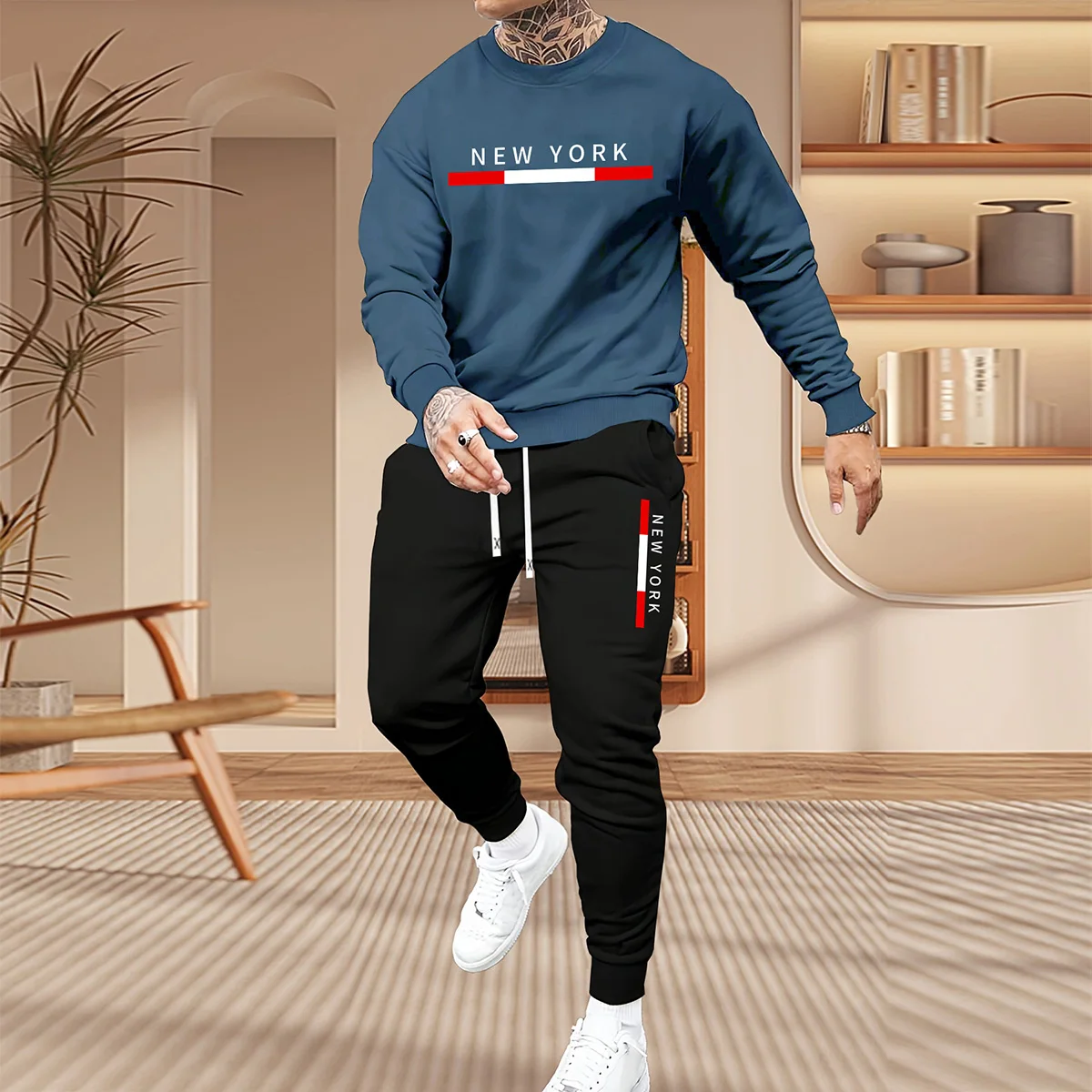 メンズ秋冬プリントパーカーセット、ゆったり快適、ショッピング、旅行、普段使いに最適