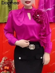 2023 Spring New Sweet Rose Satin Blouse Top Stylish Temperament Long Sleeves Pullover All-Matching Sweet Chiffon Shirt for Women