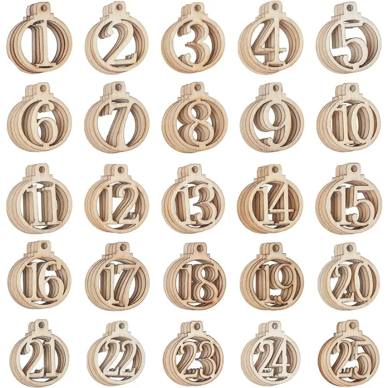 100 Pcs Number Wooden Calendar for Christmas 1-25 Christmas Countdown Advent Calendar Wooden Number Pendants for Christmas Tree