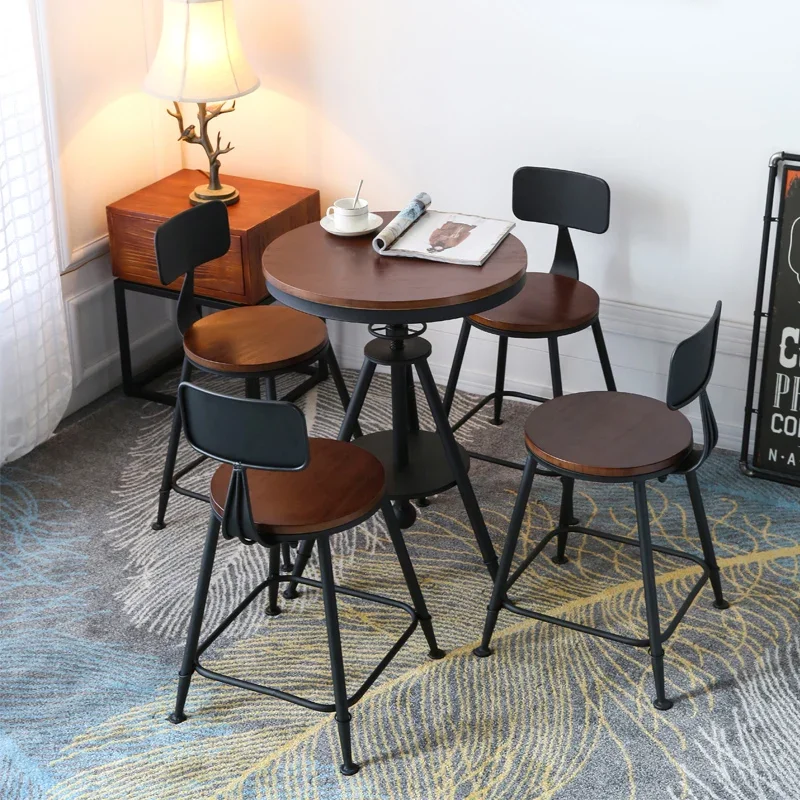 

Wholesale Factory Supply Antique Height Adjustable Corner Mini Wooden Metal Round Cafe Coffee Table and Chair Unit